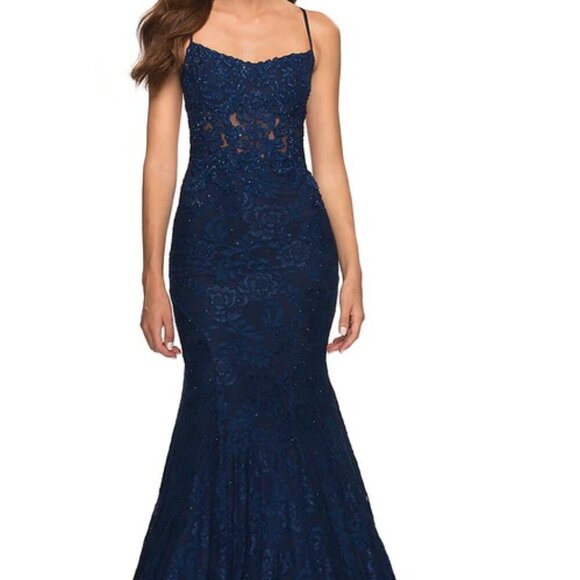 La Femme Navy Blue Criss Cross Back Stretch Sparkle Lace Mermaid Gown